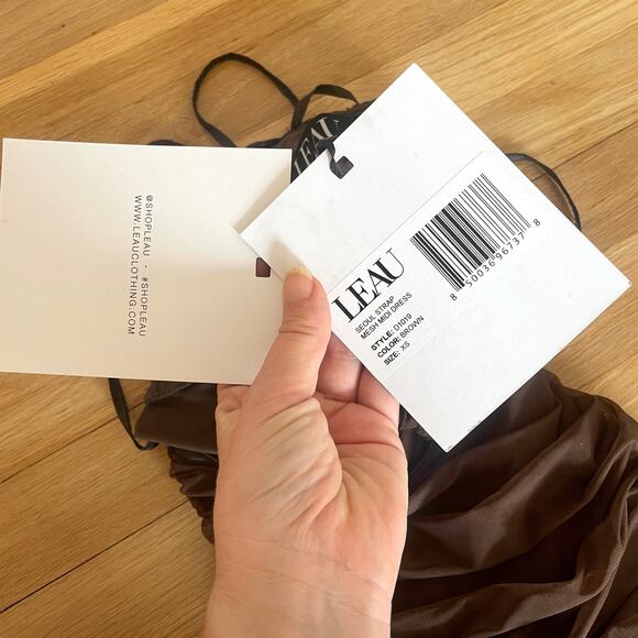 NWT LEAU Seoul Strap Cut-out Mesh Bodycon Dress Strappy Ruched Brown Sz XS Sexy - Picture 7 of 12